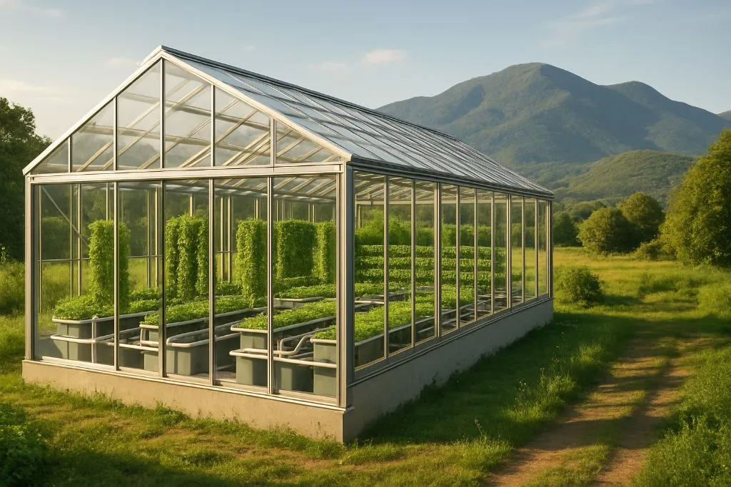 Traditional greenhouse with aquaponics system