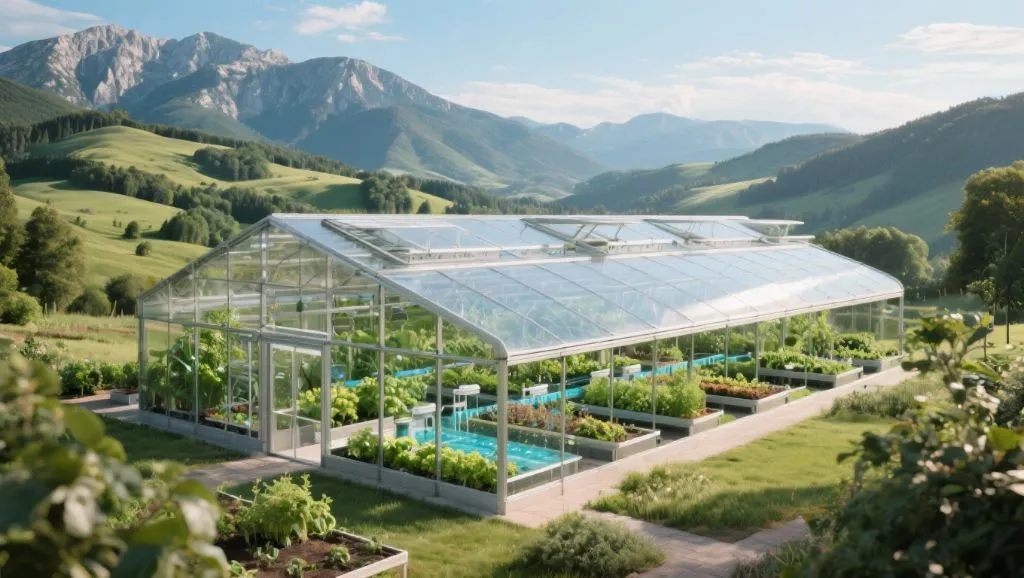 Aquaponics greenhouse in mountain landscape