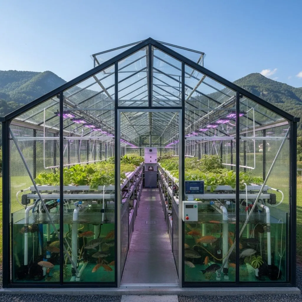 Modern aquaponics greenhouse with fish tanks and plant cultivation