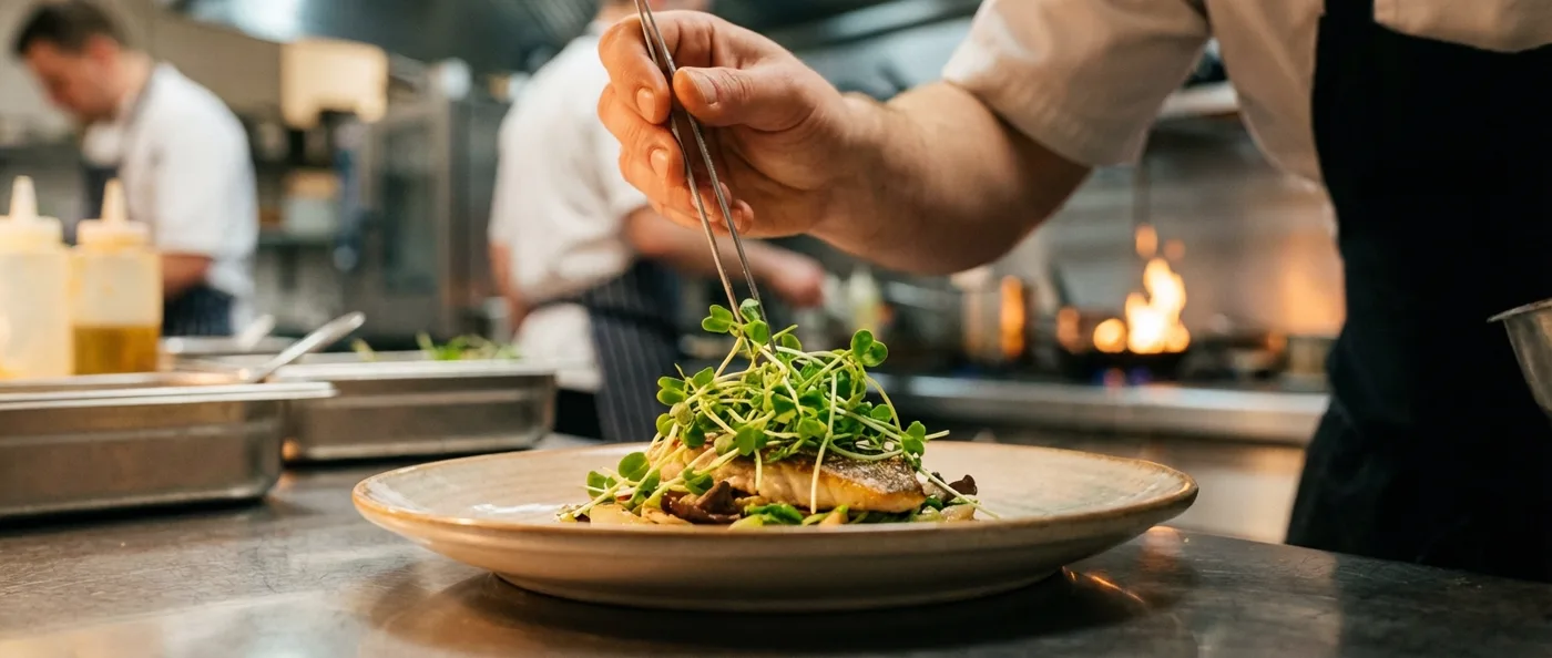 Kuhar ukrašava jelo svježim mikrobiljkama